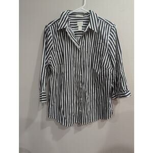 Chicos women's long sleeve button up collared blouse w/black & white stripes Med